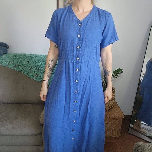 Vintage Linen Blend Button Down Front Midi Dress Size Large - Picture 1 of 5